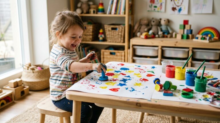 2-year-old toddler happily stamping colorful washable paint