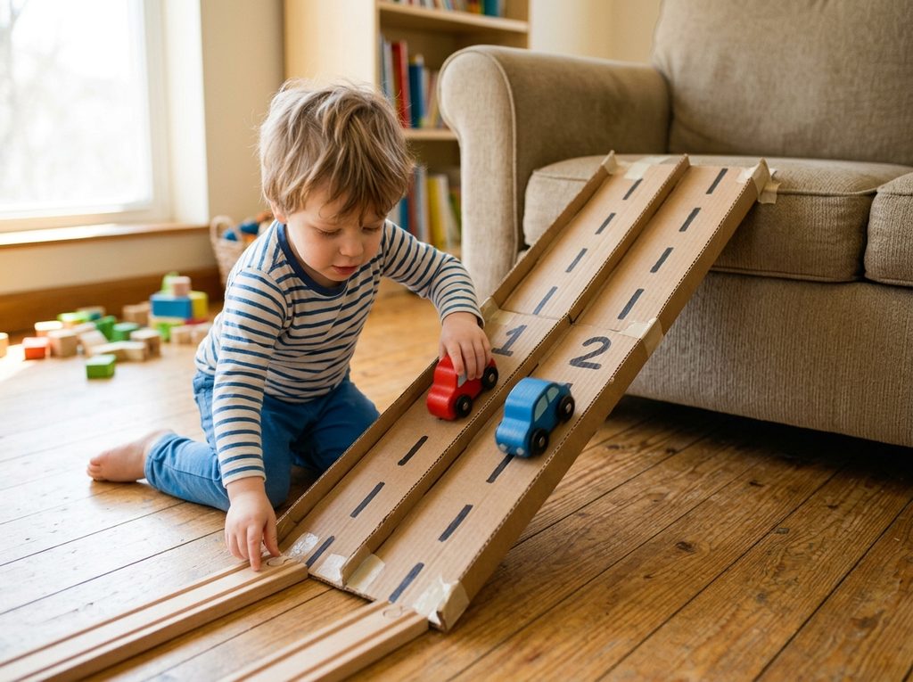 Toy vehicles sorted onto a mat with sky, road, and water sections