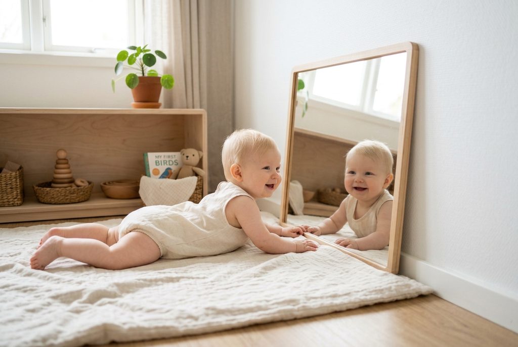 Baby Lying Next to Montessori Floor Mirror