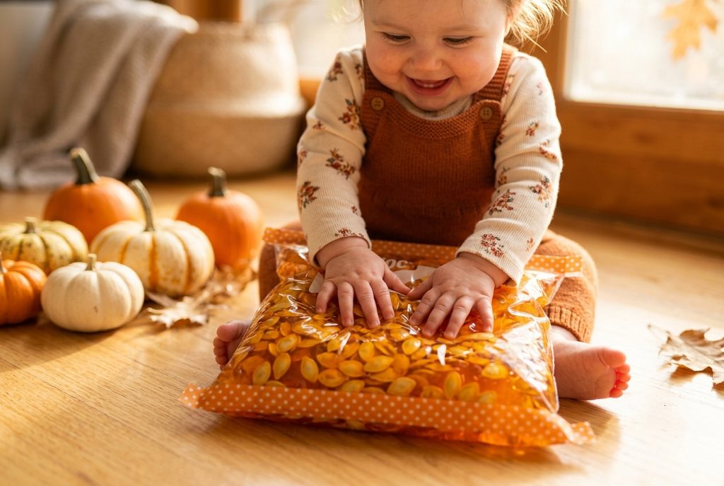 Baby Exploring Pumpkin Squish Bag on Hardwood Floor