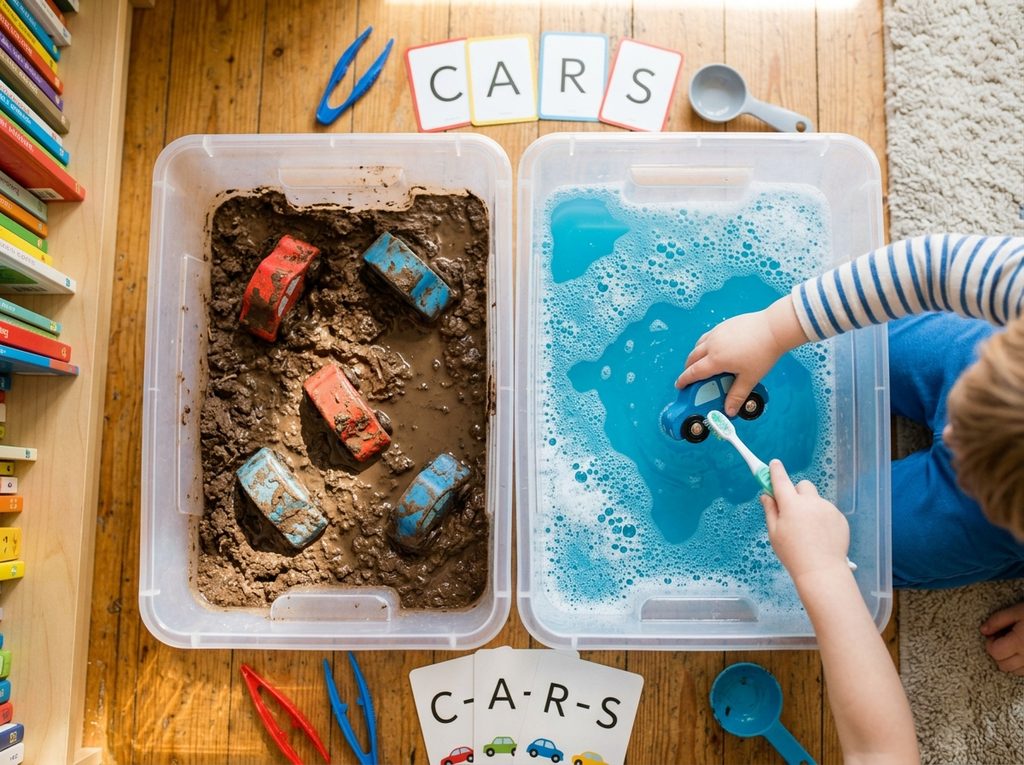 Child washing muddy cars - Preschool Baby Activities