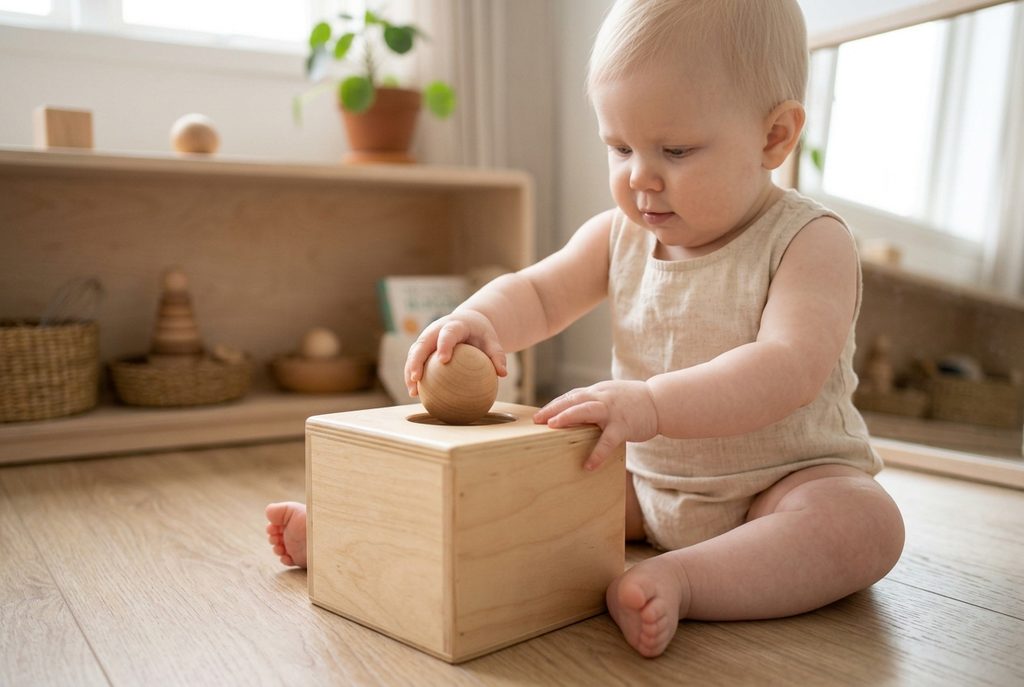 Baby Dropping Wooden Ball into Object Permanence Box