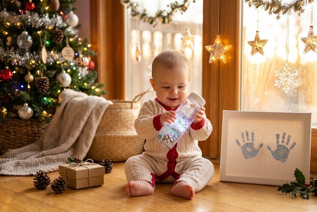 Baby Playing with Gift Wrap & Jingle Bell Bottle