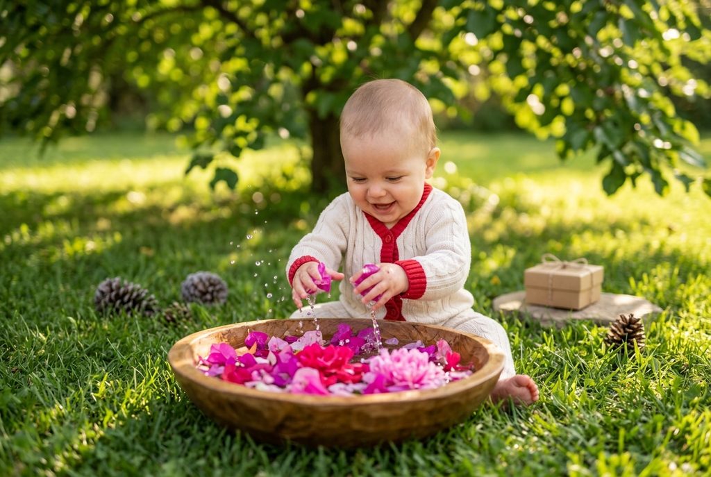 Baby Sitting in Grass Exploring Flower Petal Tray